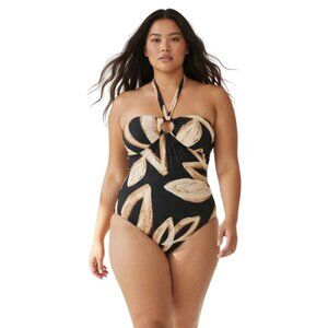 DKNY Halter Neck One Piece Swimsuit Mocha Multi Print Size Large NWT
